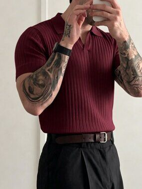 Burgundy Casual Men's Rib-Knit Regular Fit Short Sleeve Collared Shirt